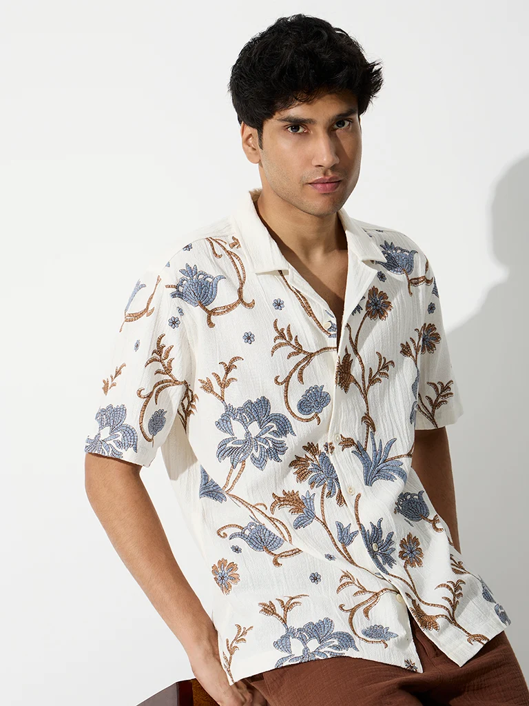 Off-White Floral Embroidered Relaxed-Fit Cotton Shirt